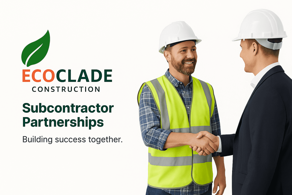 EcoClade Construction team member shaking hands with a subcontractor, representing mutual trust, collaboration, and strong partnership values.